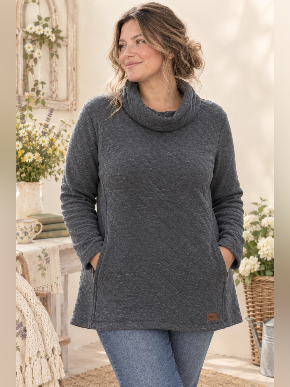 LL Bean Cowl Neck Quilted Pattern Long Sleeve Heather Grey Women's Size L